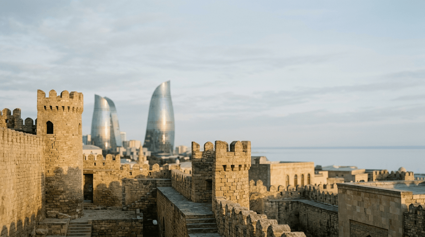 The ramparts of the Baku Old City in evening light, the Flame Towers rising behind and the Caspian beyond