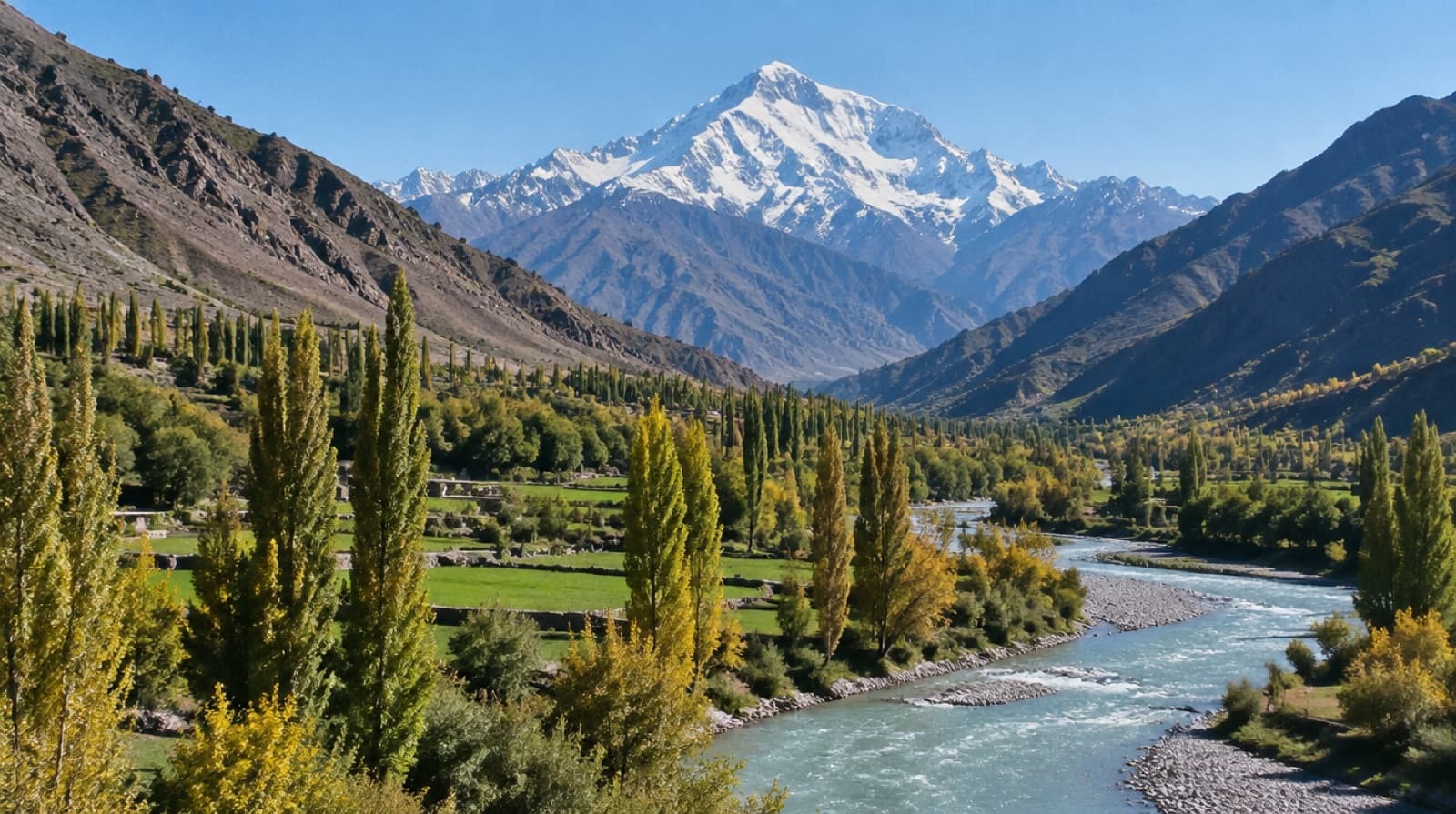 The Chitral valley with Tirich Mir above it, the river winding through fields and poplars