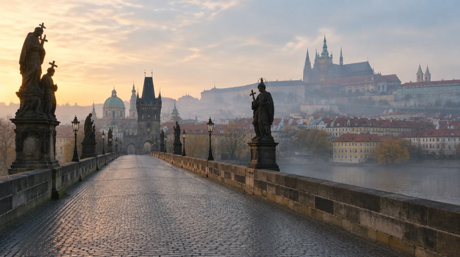 Charles Bridge in Prague in morning mist, Prague Castle on the hill behind