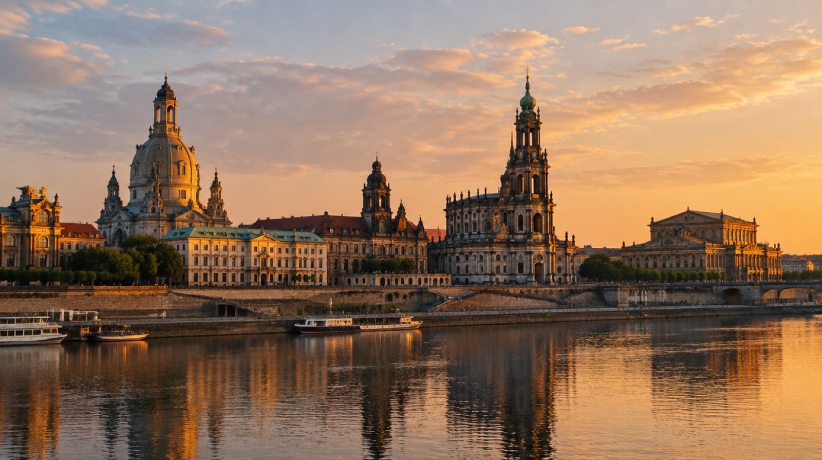 The Dresden old town skyline across the Elbe at golden hour