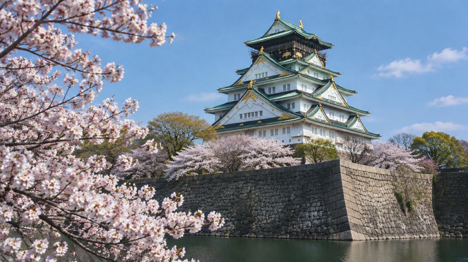 Osaka Castle above its stone walls with cherry blossom in front