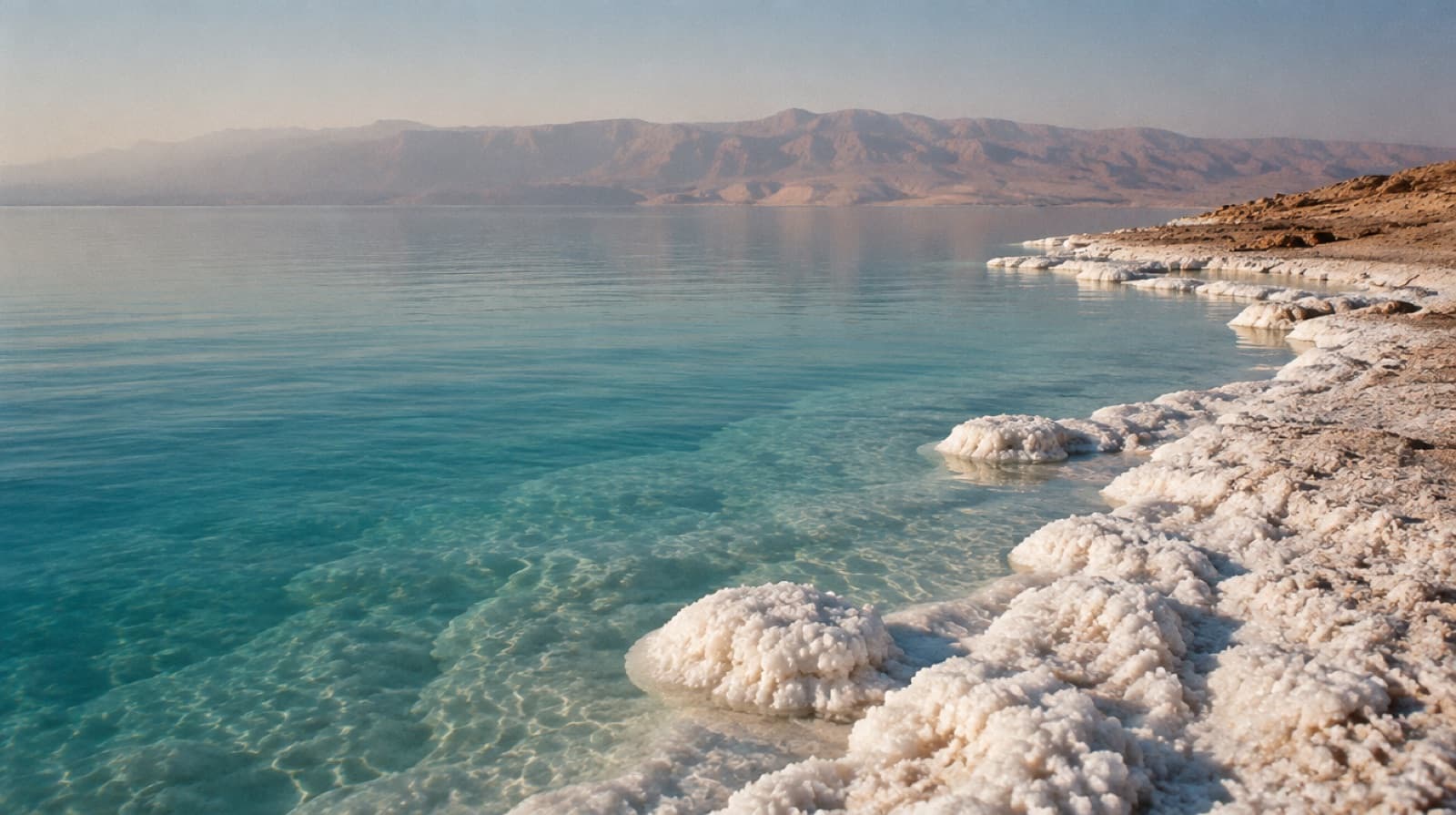 Salt formations on the shore of the Dead Sea, turquoise water beyond