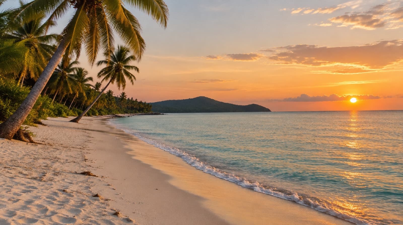 A quiet palm-lined beach on Phu Quoc at sunset