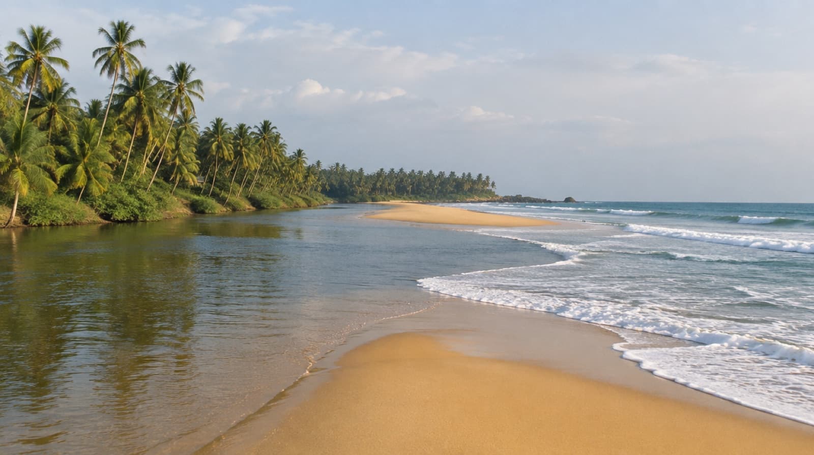 Where the river meets the sea at Bentota beach, palms along the sand