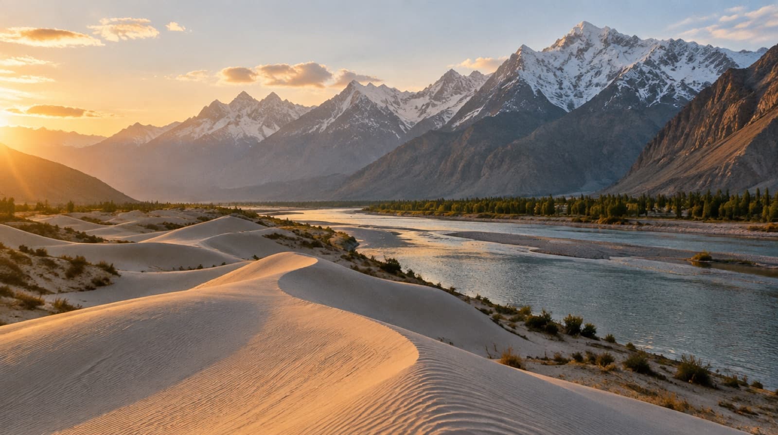 Sand dunes of the Katpana cold desert beside the Indus, Karakoram peaks behind