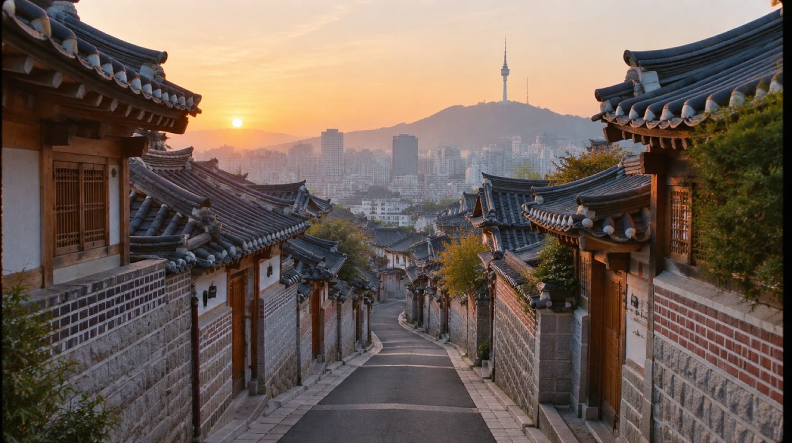 A lane of tiled hanok roofs in Bukchon, Seoul, with the city behind