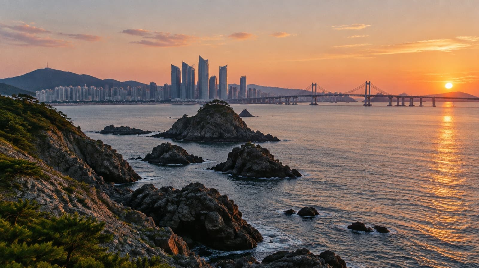 The rocky coast of Busan at sunset, the skyline and harbour bridge beyond