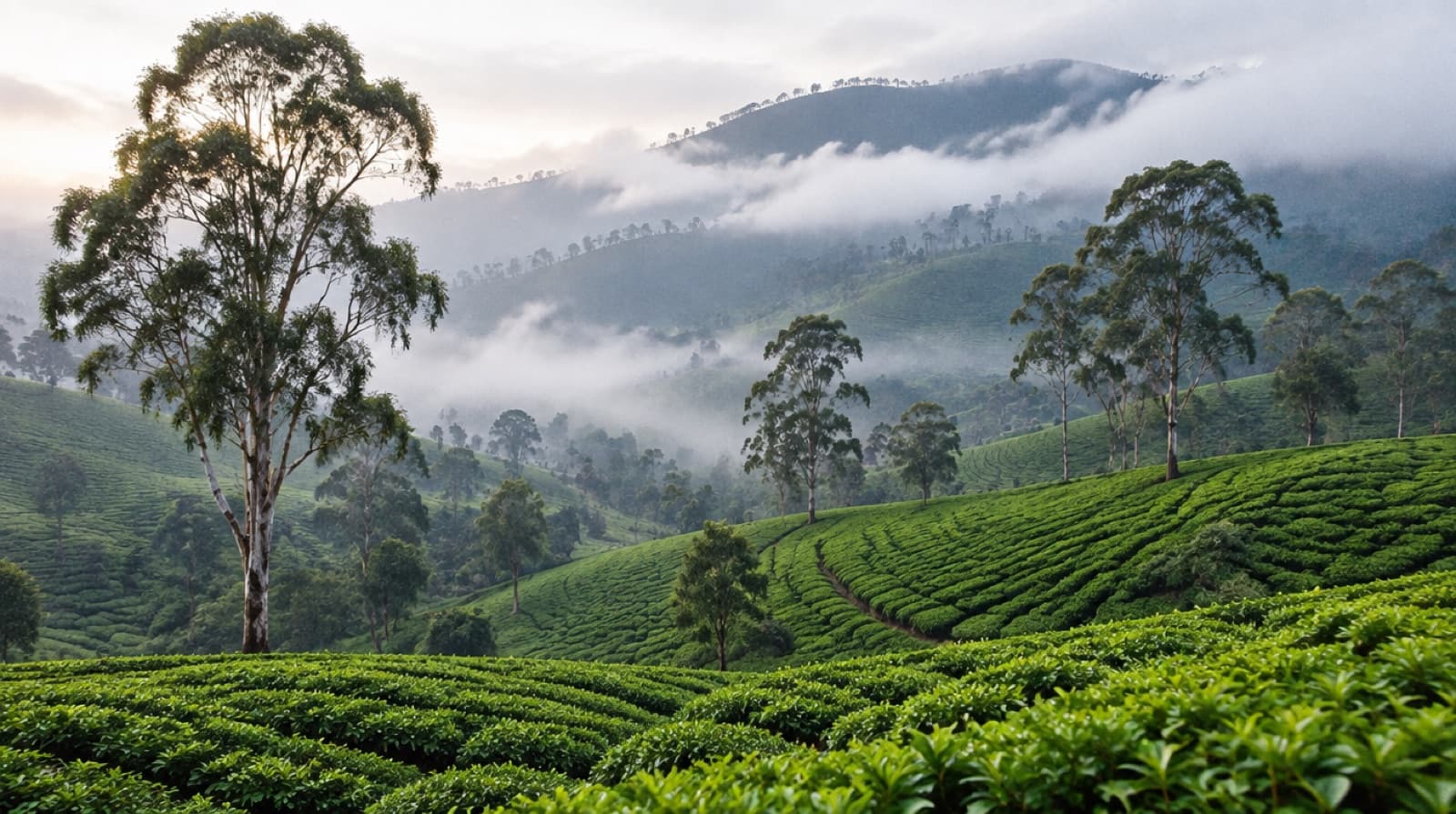 Tea estates on misty hills in the Nuwara Eliya hill country