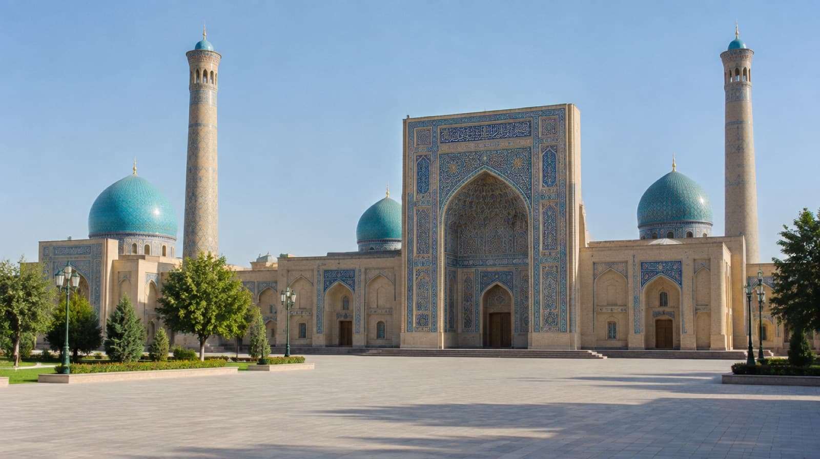 Turquoise domes and minarets of the Hazrati Imam complex in Tashkent
