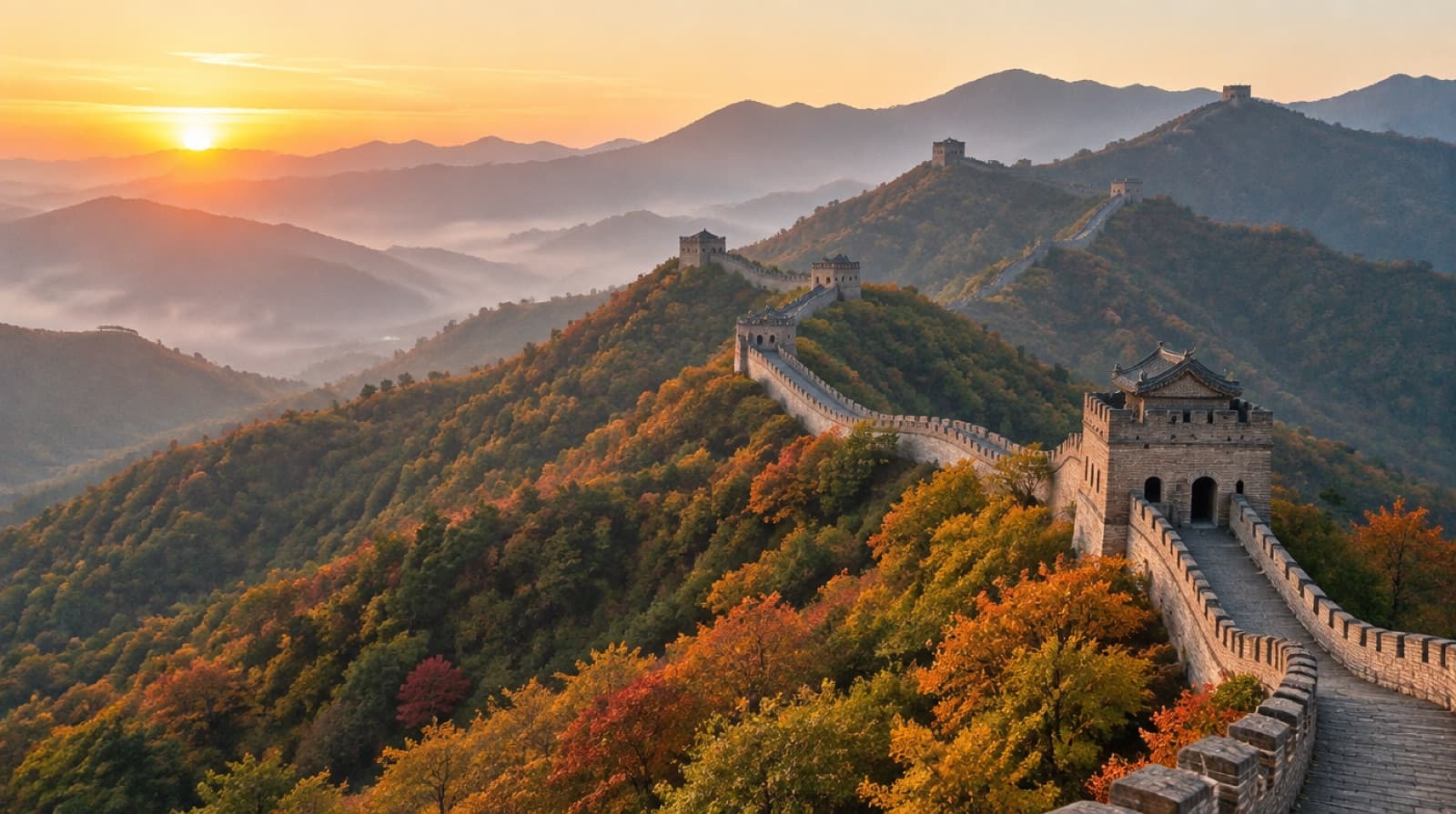 The Great Wall of China running along forested ridges at sunrise, watchtowers fading into haze