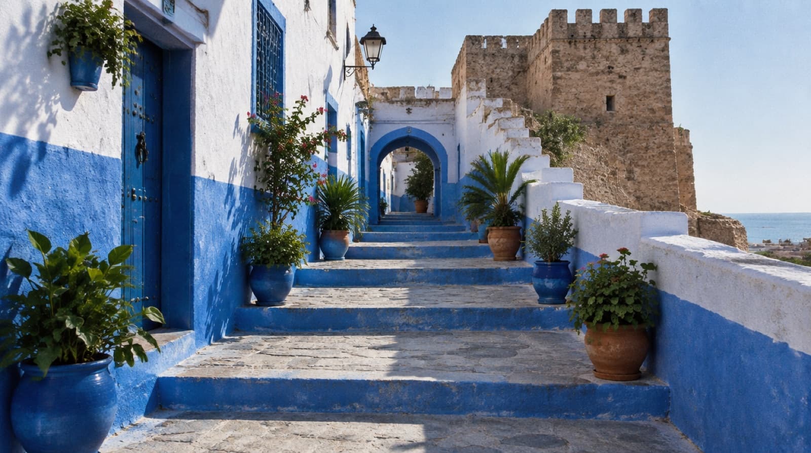 A blue and white stepped lane inside the Kasbah of the Udayas in Rabat