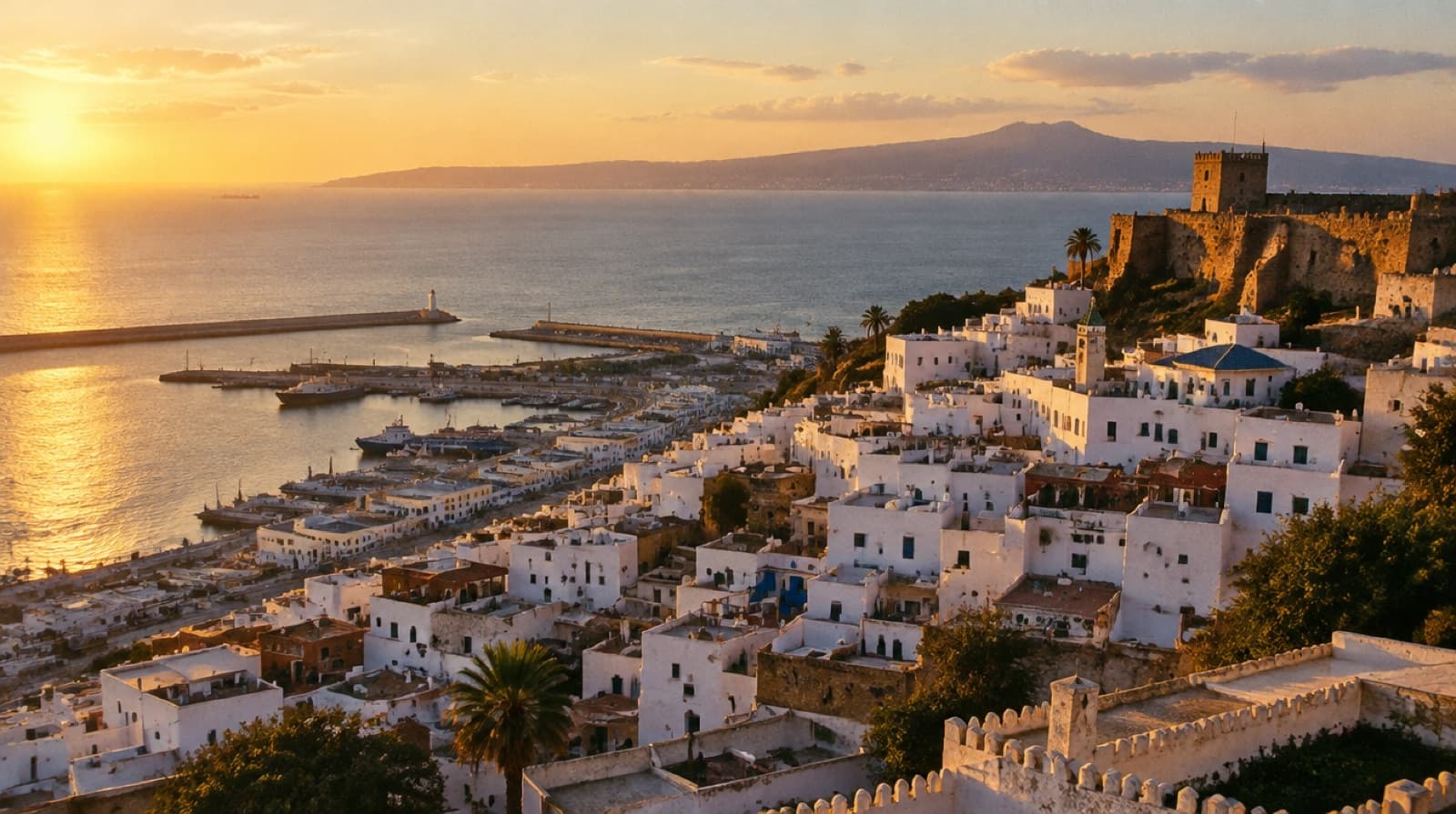 The white medina of Tangier climbing to the kasbah above the harbour