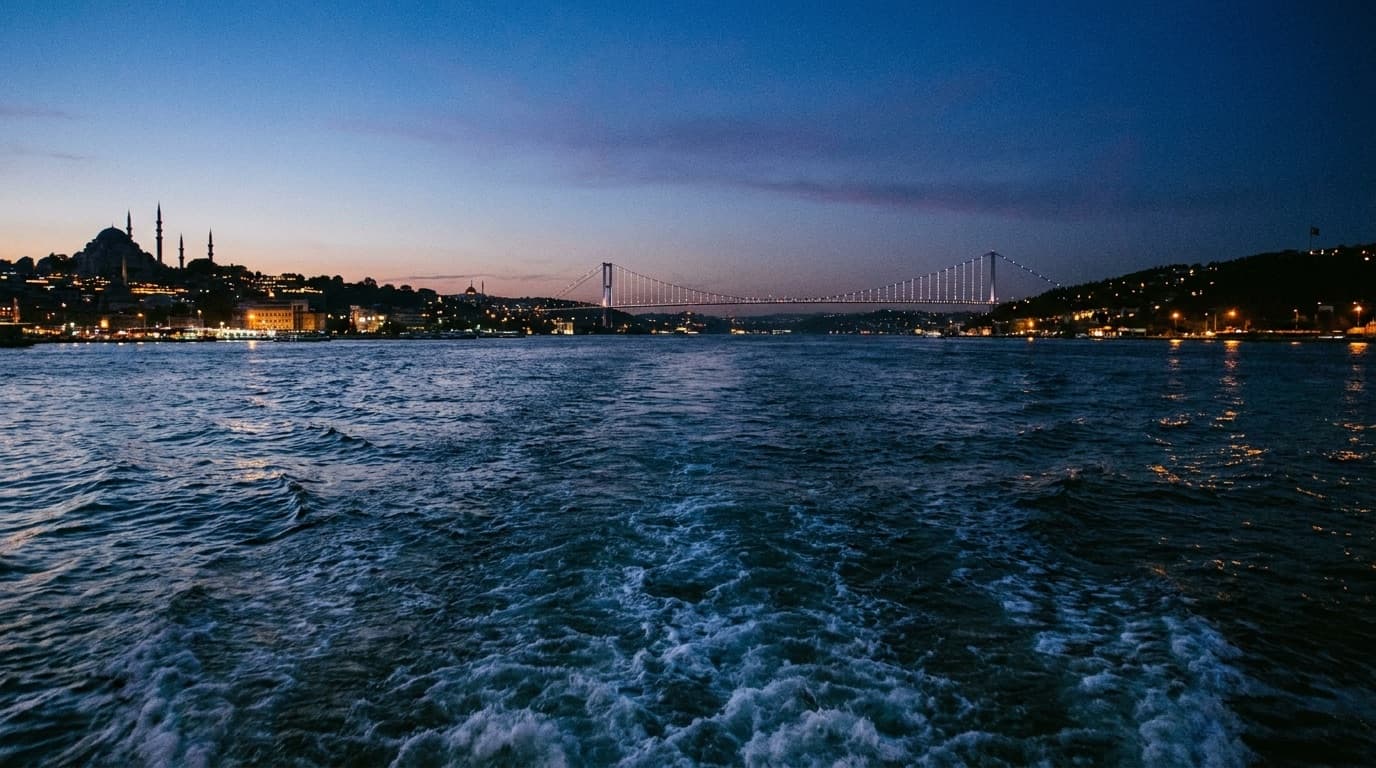 The Bosphorus at dusk with the lights of both shores coming on